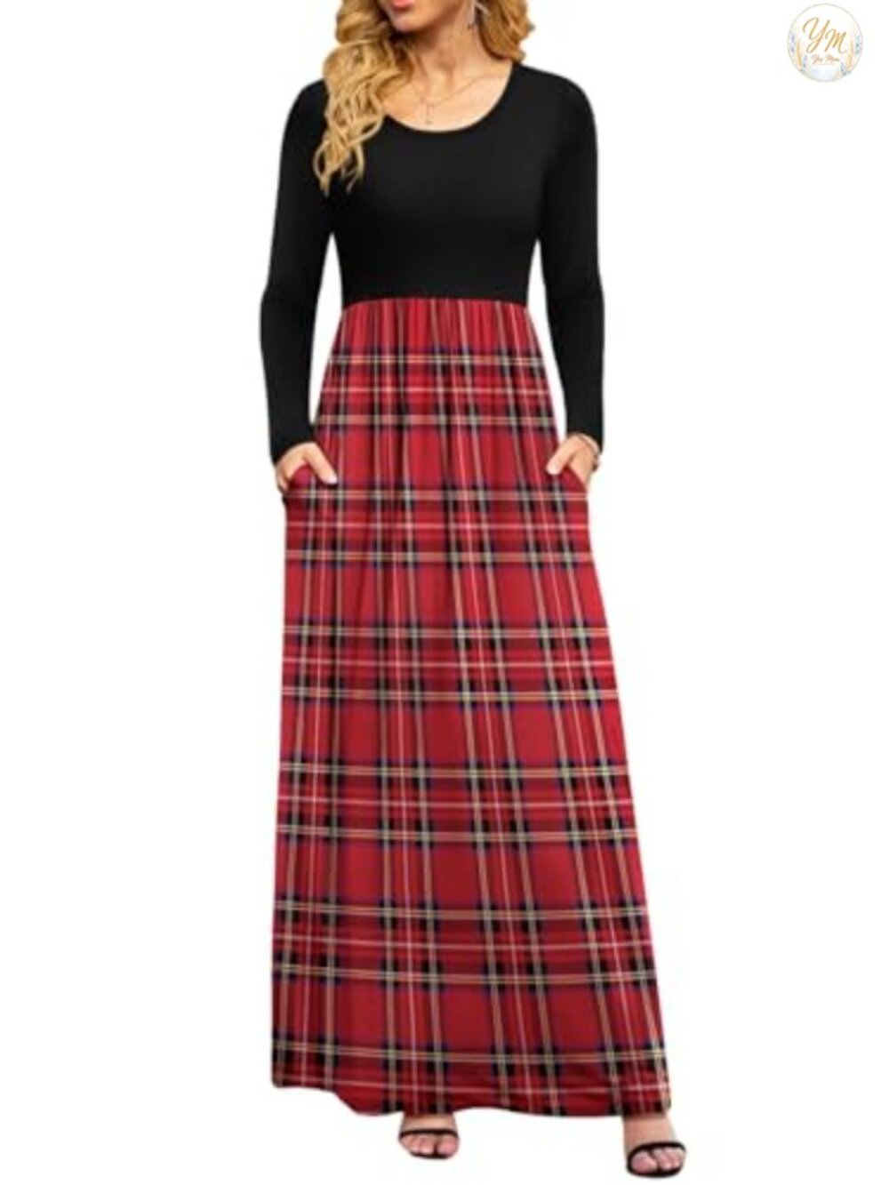 Long Sleeve Maxi Dress Empire Waist A-Line with Pockets
